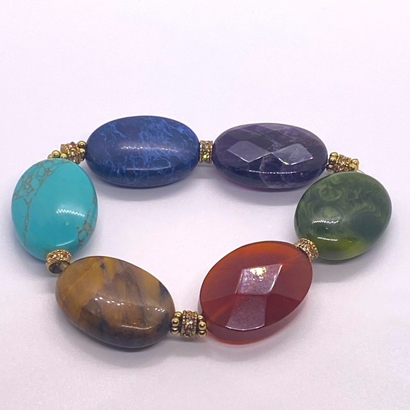 Chunky Stretch Bracelet Faux Marble Stone Gold Toned Purple BlueTurquoise Green - Picture 4 of 4